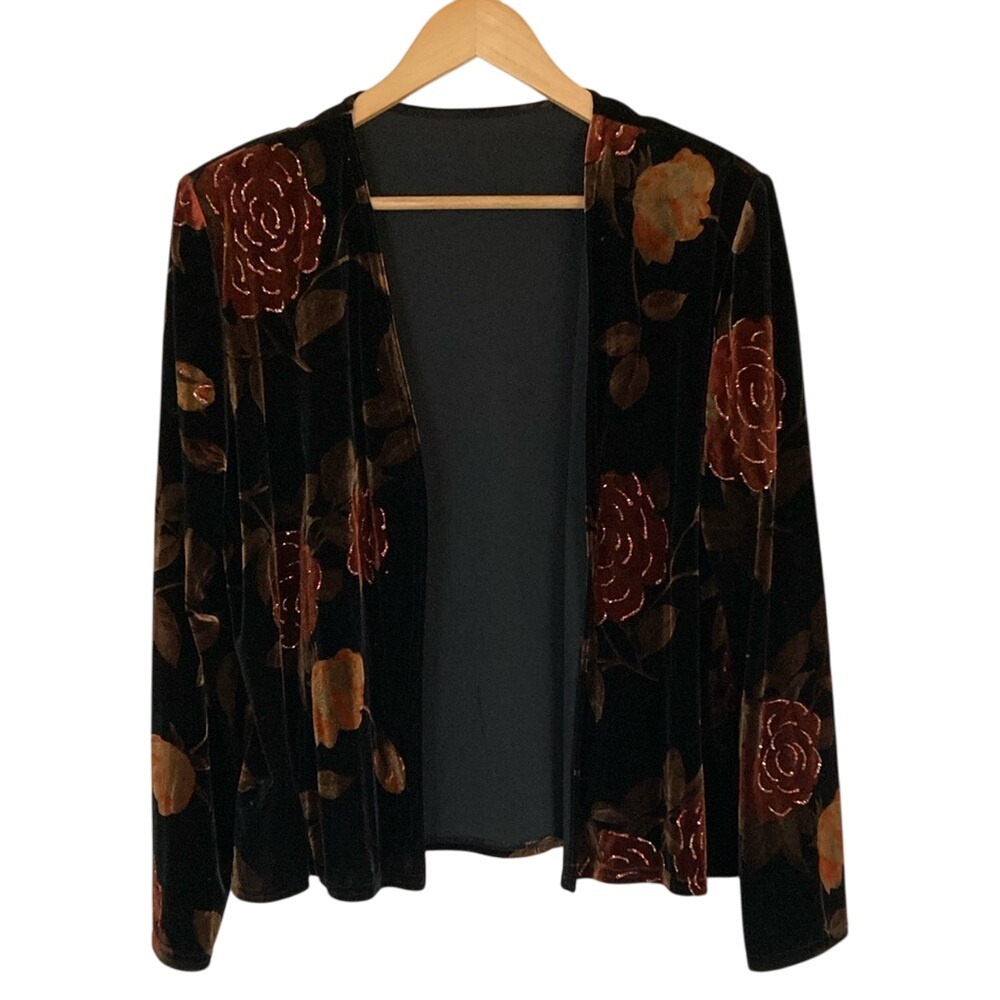 VTG Jeffry & Nora Evening Womens Velvet Topper Jacket Size 16 Brown Rust Floral